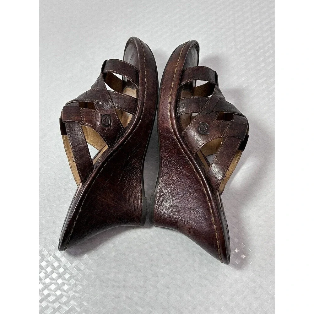 Born Womens Brown‎ Leather Wedge Sandals Shoes W6309 US Size 9 M/W EUR 40.5